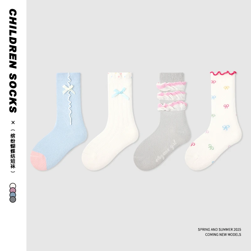 女童袜子春季精梳棉韩版min风中筒儿童春秋款蝴蝶结花边公主袜潮
