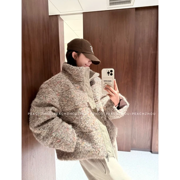 PEACHZHOU 羊毛花式圈圈纱90白鸭绒宽松保暖立领拉链羽绒服外套