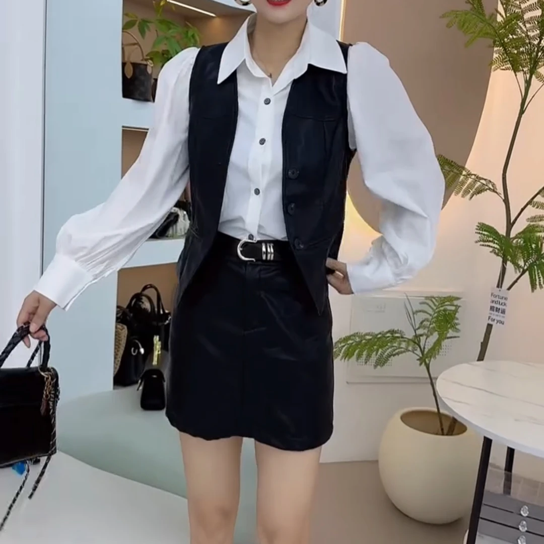 秋季时尚衬衫搭配马甲短裙套装三件套