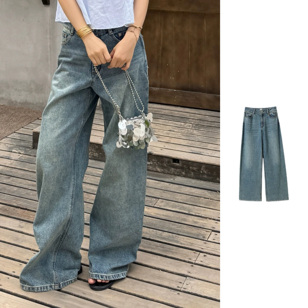 vena label 弯刀阔腿牛仔裤女夏季新款美式宽松直筒拖地裤女