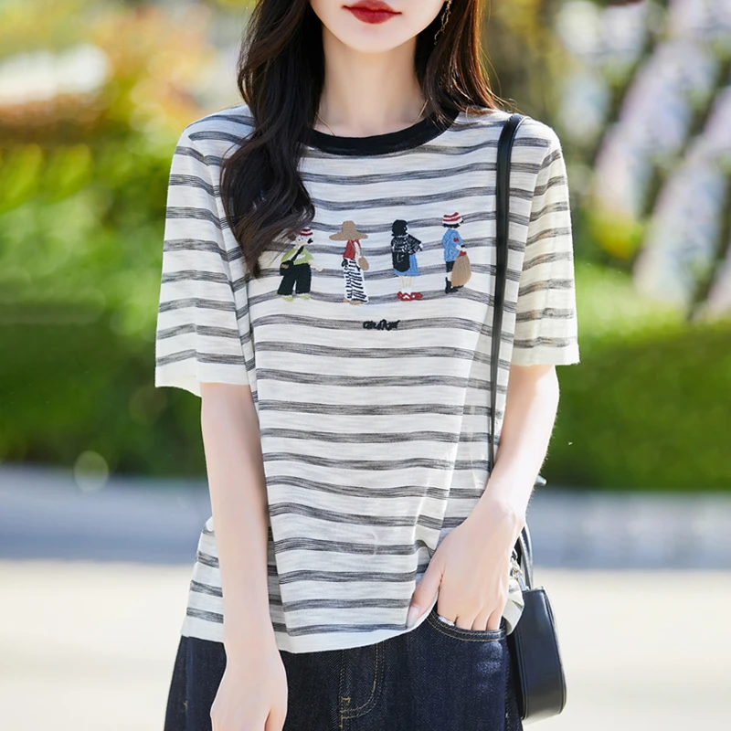 夏季100%天丝短袖女薄款刺绣圆领条纹宽松显瘦套头半袖背心NS5108