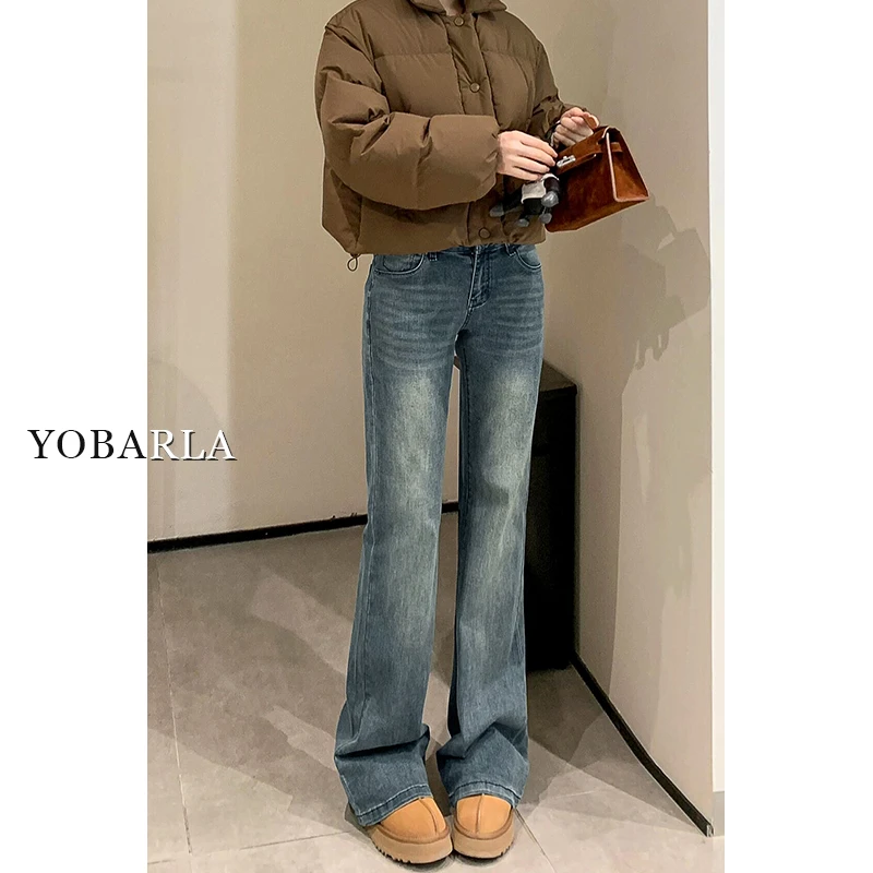 复古怀旧高腰微喇牛仔裤女冬季加绒加绒大码弹力显瘦喇叭马蹄裤子