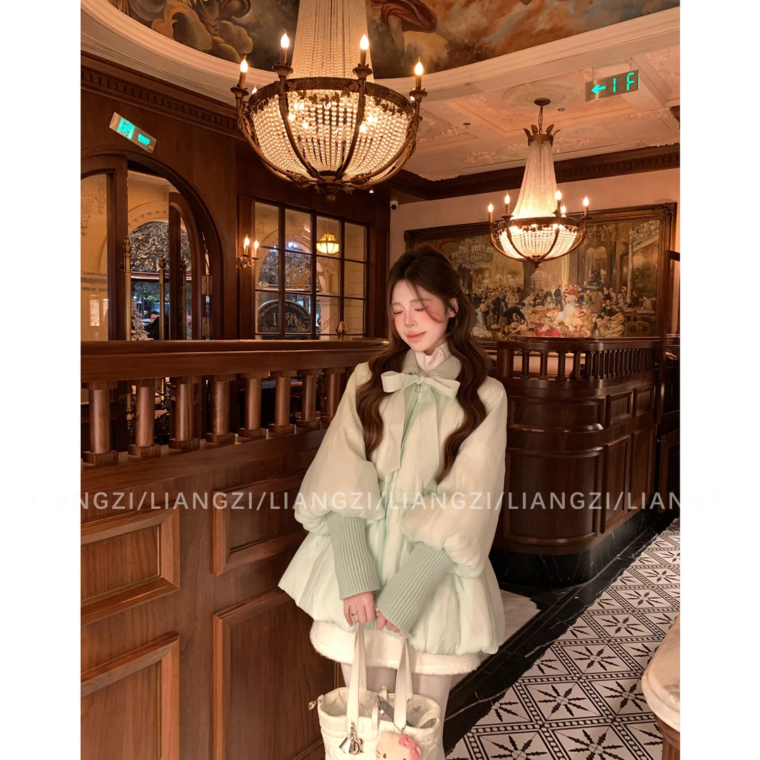 梁子【抹茶芙芙】冬季韩系千金翻领外套抽绳收腰羽绒服