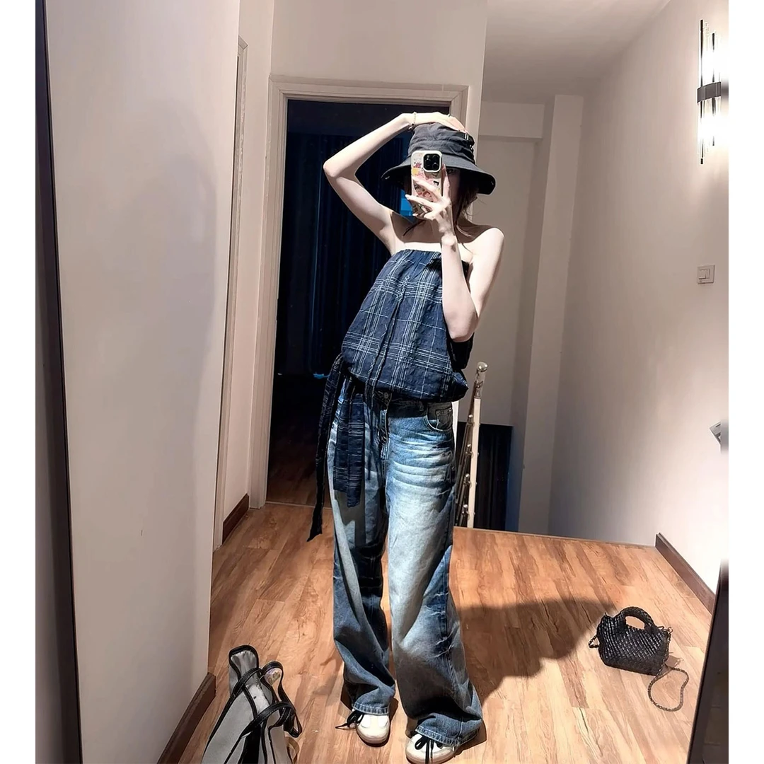 2025年夏季新款纯欲辣妹一字露肩外穿格纹抹胸背心女配高腰牛仔裤