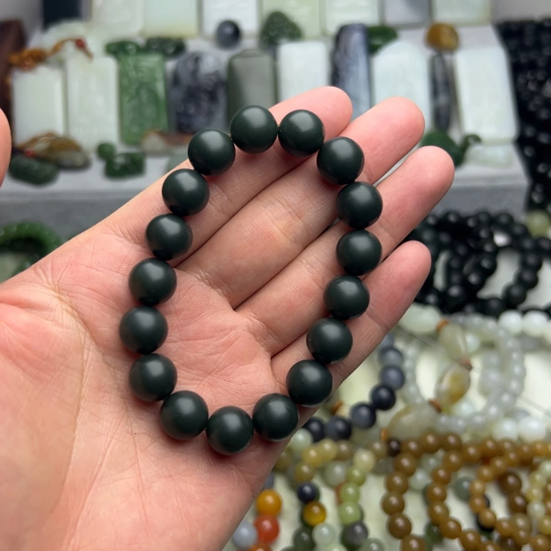 和田玉（青玉）未镶嵌手链蓝调格尔木12圆珠