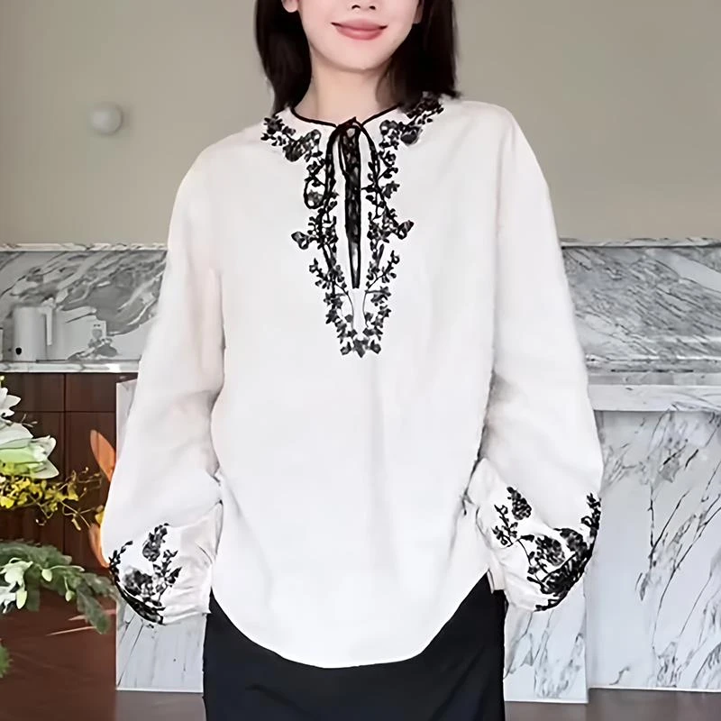 VOCKOO官方轻奢复古重工刺绣高级感衬衫女2025春季新款松弛感长袖