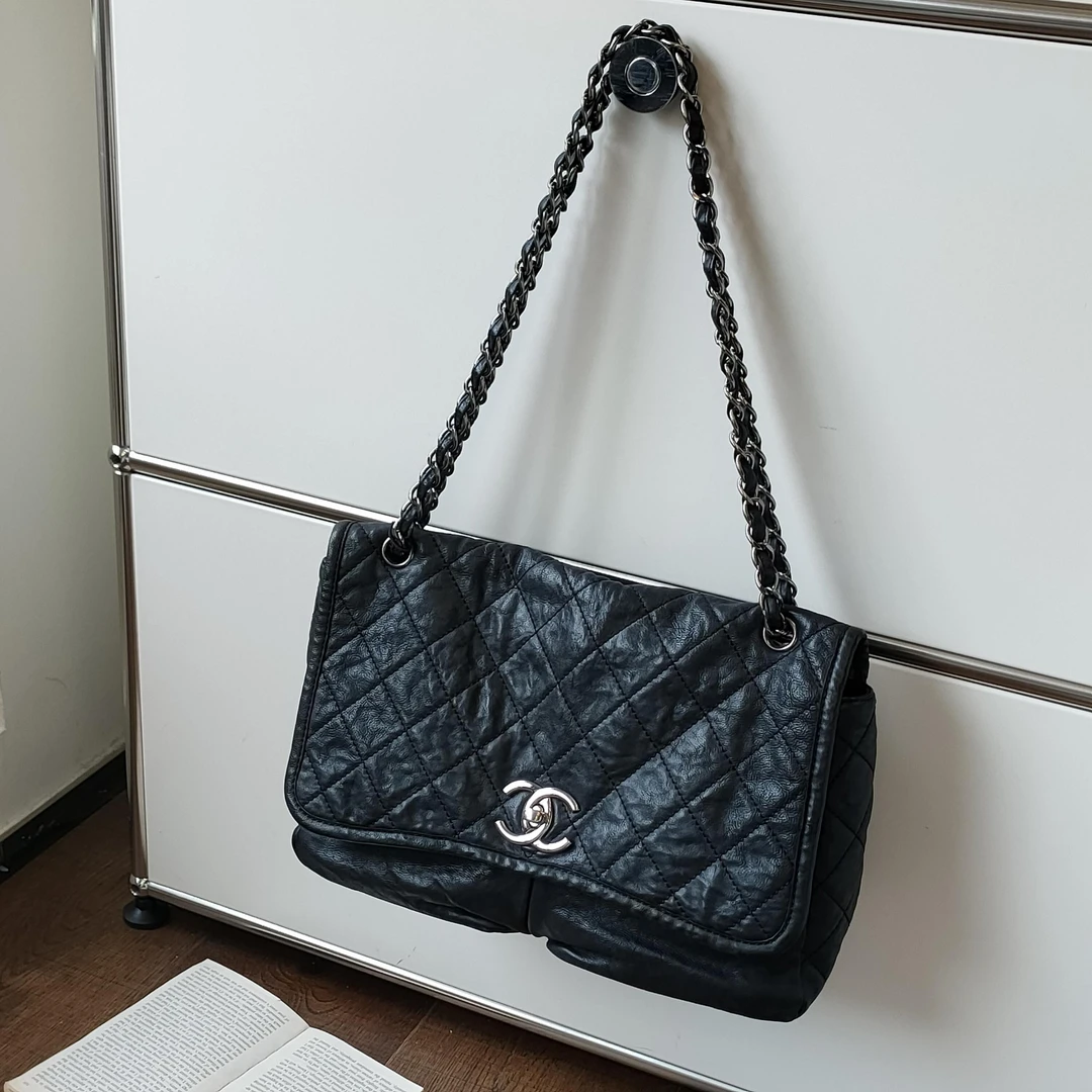 95新 Chanel/香奈儿 Azul-Chanel 黑银牛皮双口袋机场包/45165