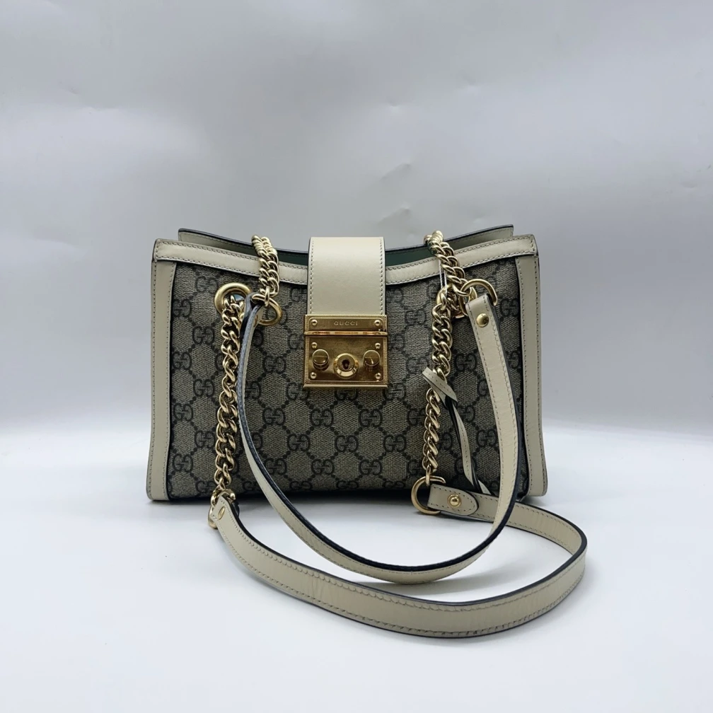 95新 GUCCI/古驰 老花拼白皮padlock单肩包 1448 5477