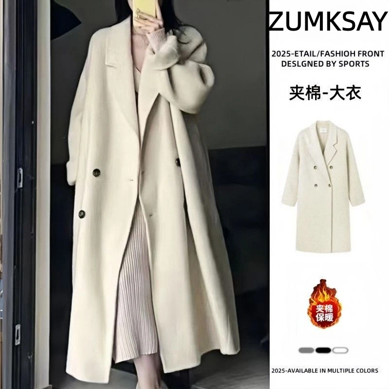 慵懒风西装领夹棉毛呢外套女秋冬季新款高级感中长款过膝呢子大衣