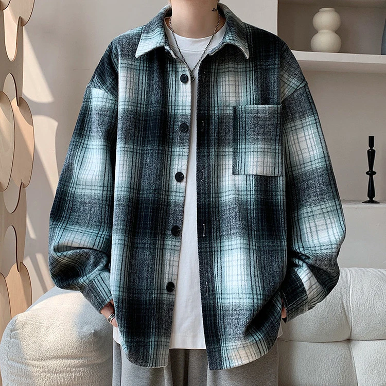 高级感痞帅休闲格子长袖衬衫男款春秋季小香风大码衬衣男士外套潮