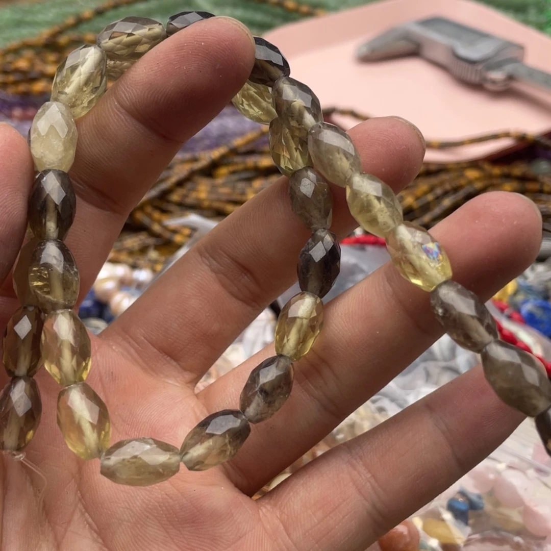 玛瑙/玉髓合金珠宝半成品一条装7*12mm茶晶切面鼓珠