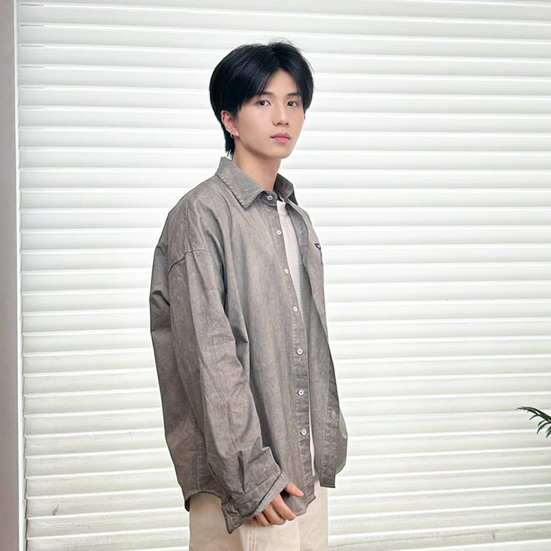 M+美式做旧印花Brand衬衫百搭宽松男女同款