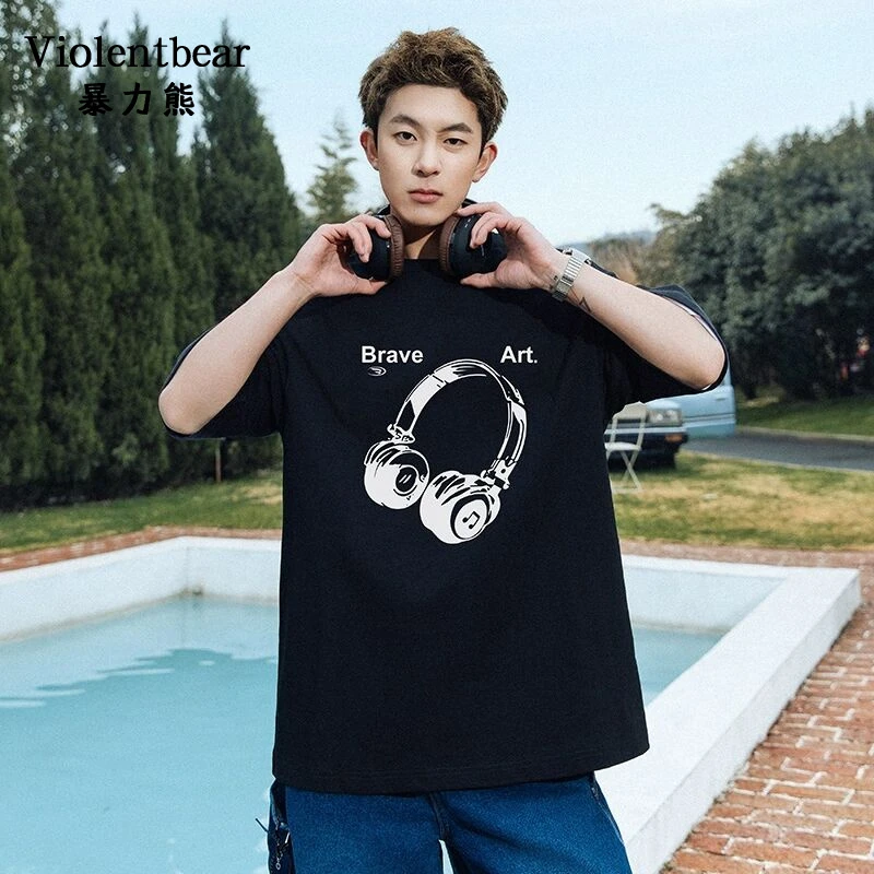 暴力熊夏季新款男士休闲运动耳机印花宽松百搭短袖纯色圆领T恤男