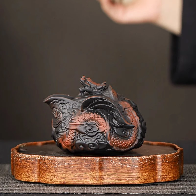 建水紫陶飞龙手抓壶家用纯手工堆雕陶瓷茶壶不烫手功夫茶具泡茶器