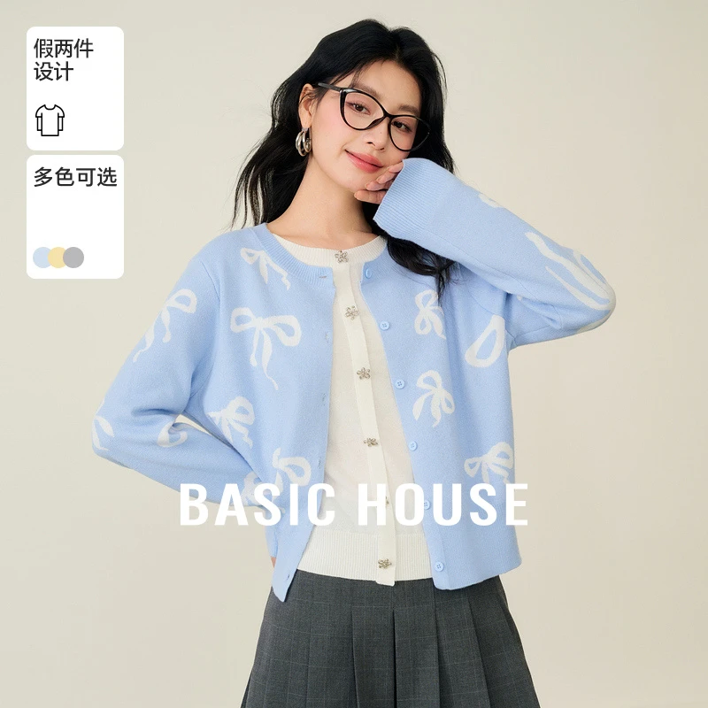 Basic House/百家好多巴胺休闲宽松提花毛衣-B0625H5I602