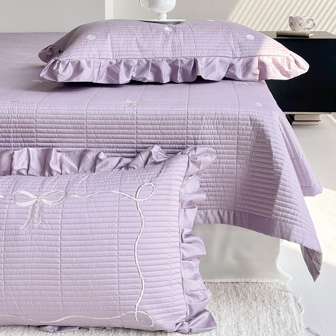 紫藤物语床盖三件套 60支贡缎纯棉刺绣花边床盖柔软防滑舒适套件