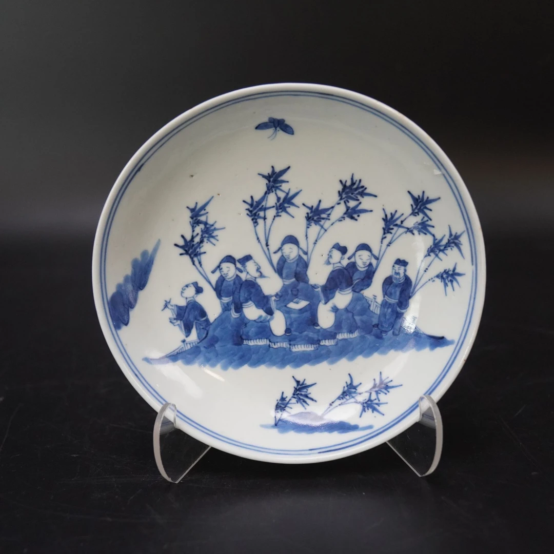 Lot.25101036清光绪青花竹林七贤图赏盘 直径：约14cm