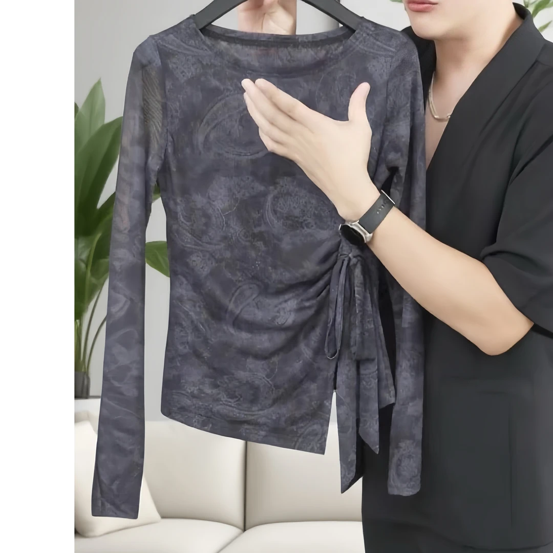 【佩斯迷踪】2025秋季新款时髦小众绑带长袖T恤女修身显瘦上衣洋气