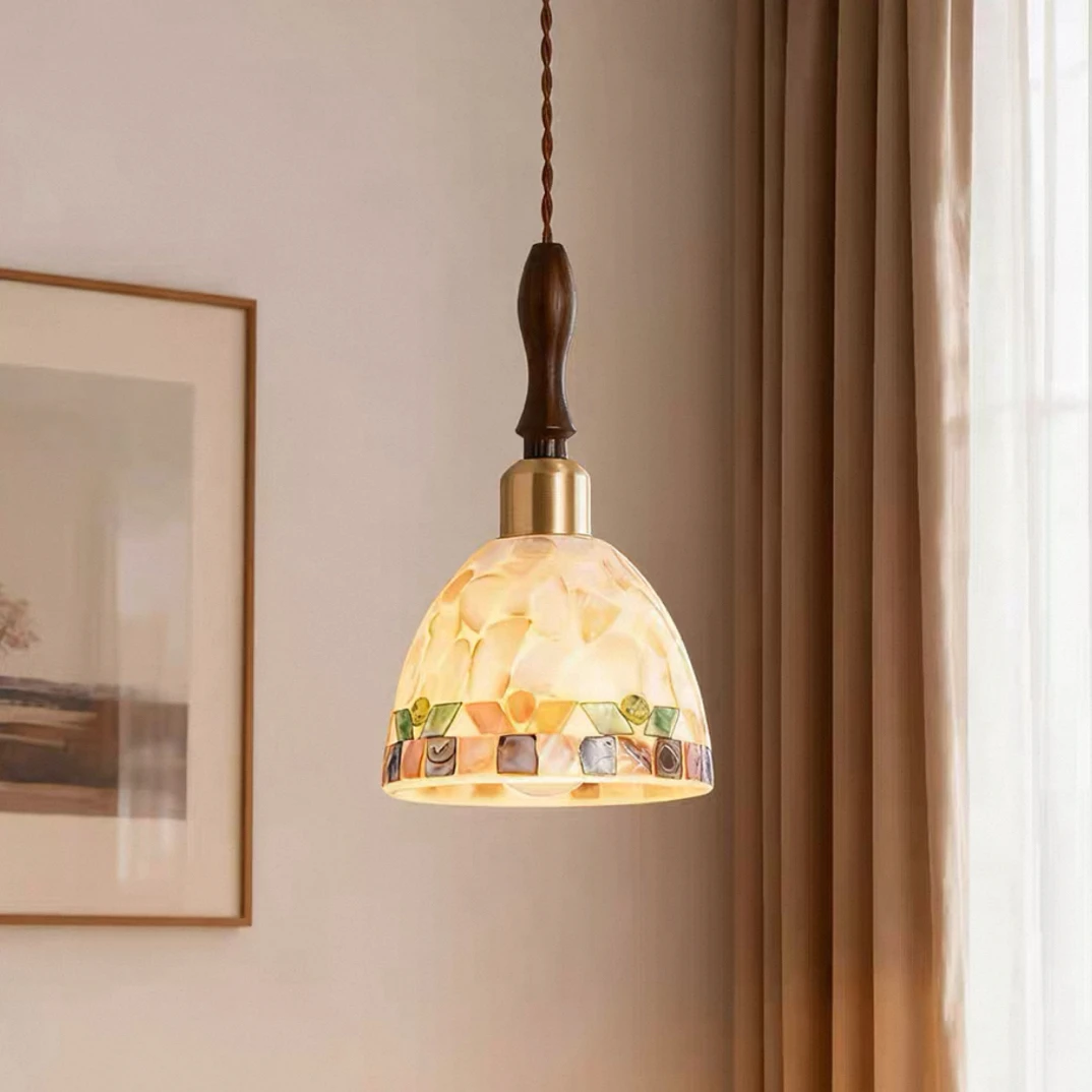 法式中古风贝壳小吊灯卧室床头灯日式复古玄关过道阳台衣帽间线灯