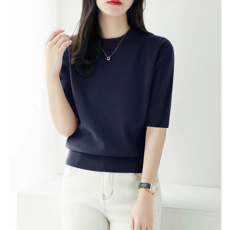 春秋季宽松遮肉设计内搭打底衫女新款T恤圆领套头中袖上衣女士