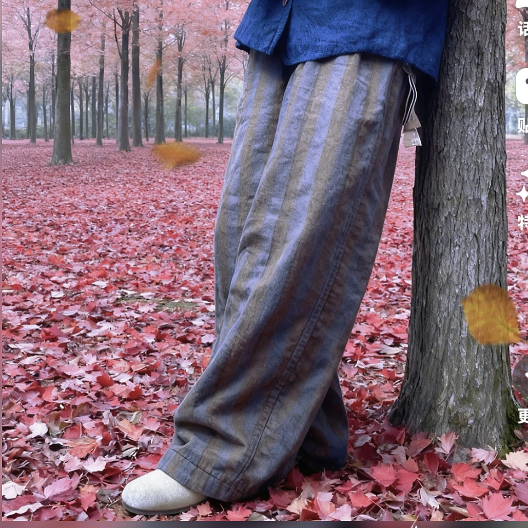 依牧了然色织工艺满分亚麻复古文艺直条做旧保暖直筒休闲棉裤