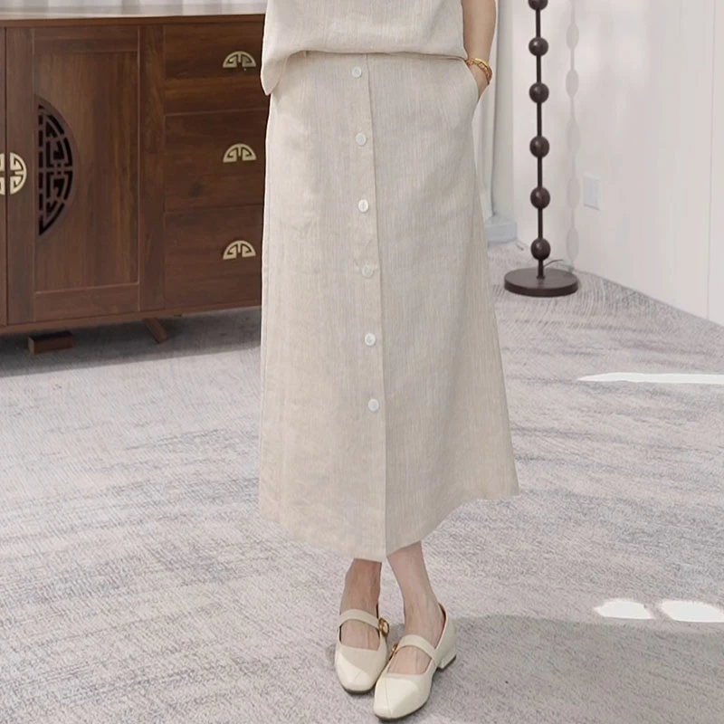 【F·J】夏季新款亚麻半身裙女士休闲显瘦百搭中长款A字裙SR6005X