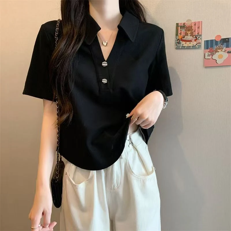 美式复古大码胖mm设计感v领短袖T恤女夏季新款显瘦时尚百搭上衣