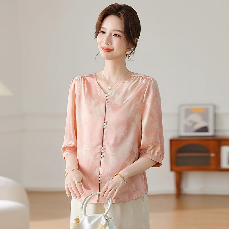 【大唐夫人】薄款宽松型妈妈装中袖宽松褶皱中老年女装复古七分袖