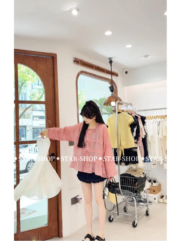 ｛夏日冰沙｝夏 层层木耳设计 系带蝴蝶结 麻料防晒衫