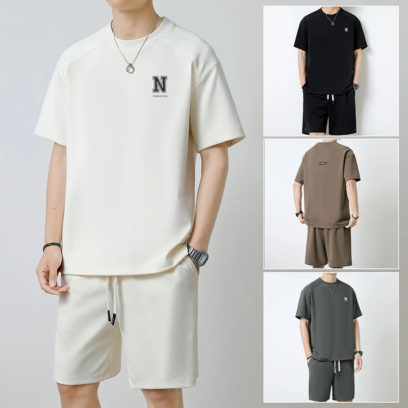 夏季男装新款青年圆领短袖T恤短裤运动休闲套装透气两件套