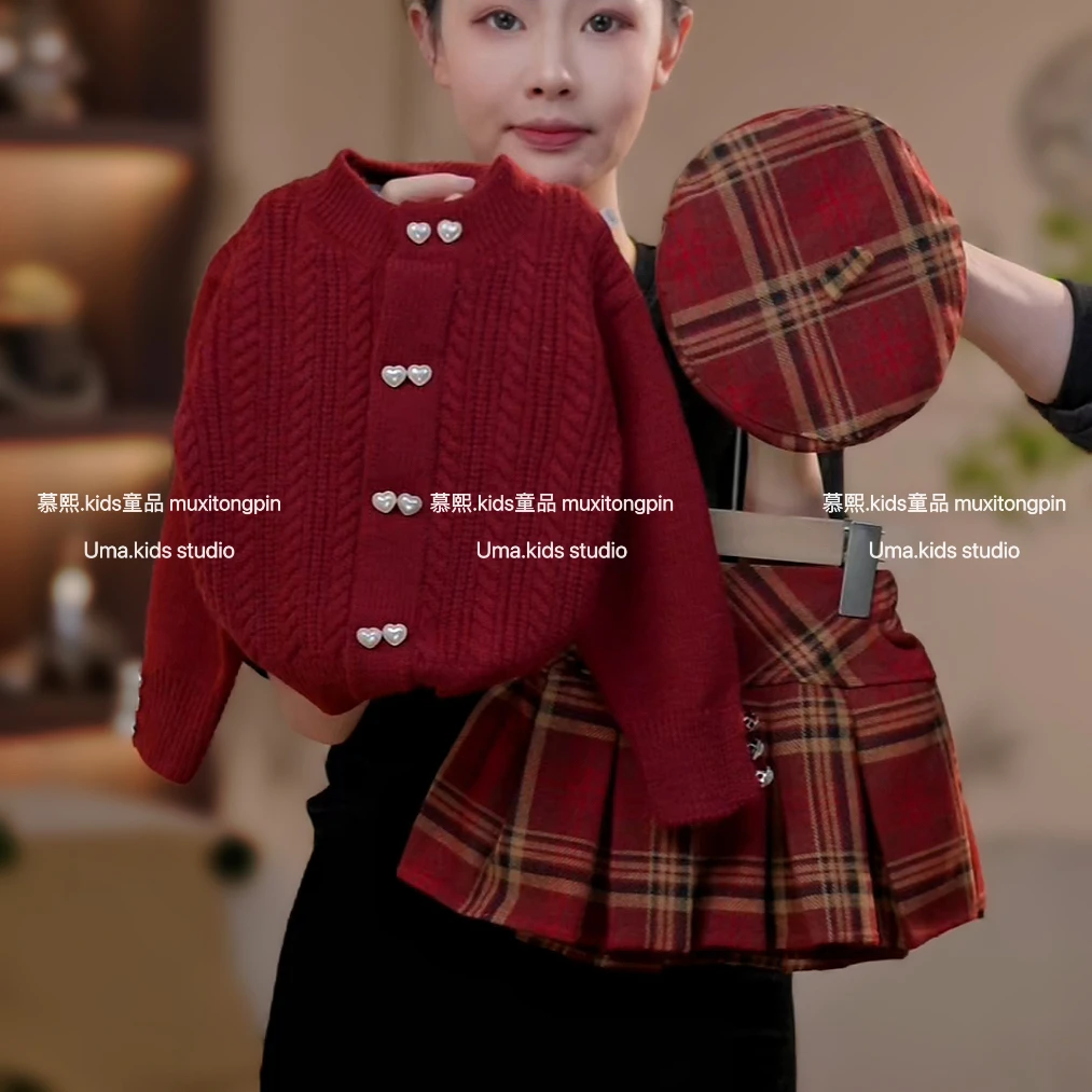 女童2025冬季新款洋气年款限定毛衣+呢料加厚百褶裙套装