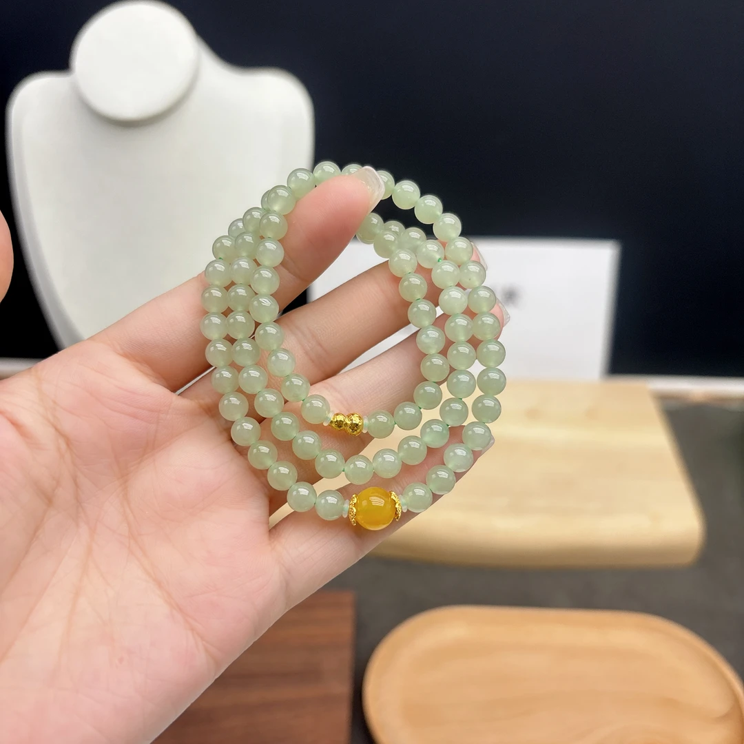 多圈和田玉卡6MM搭配圆珠路路通18K金葫芦配饰手串简约款Y430490