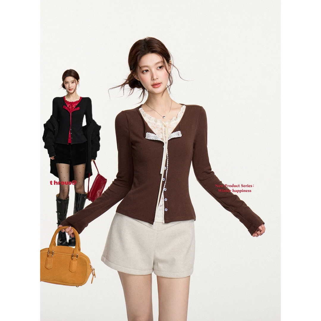 谢不肉 蕾丝拼接系带修身开衫针织衫女冬季减龄显瘦休闲上衣51181