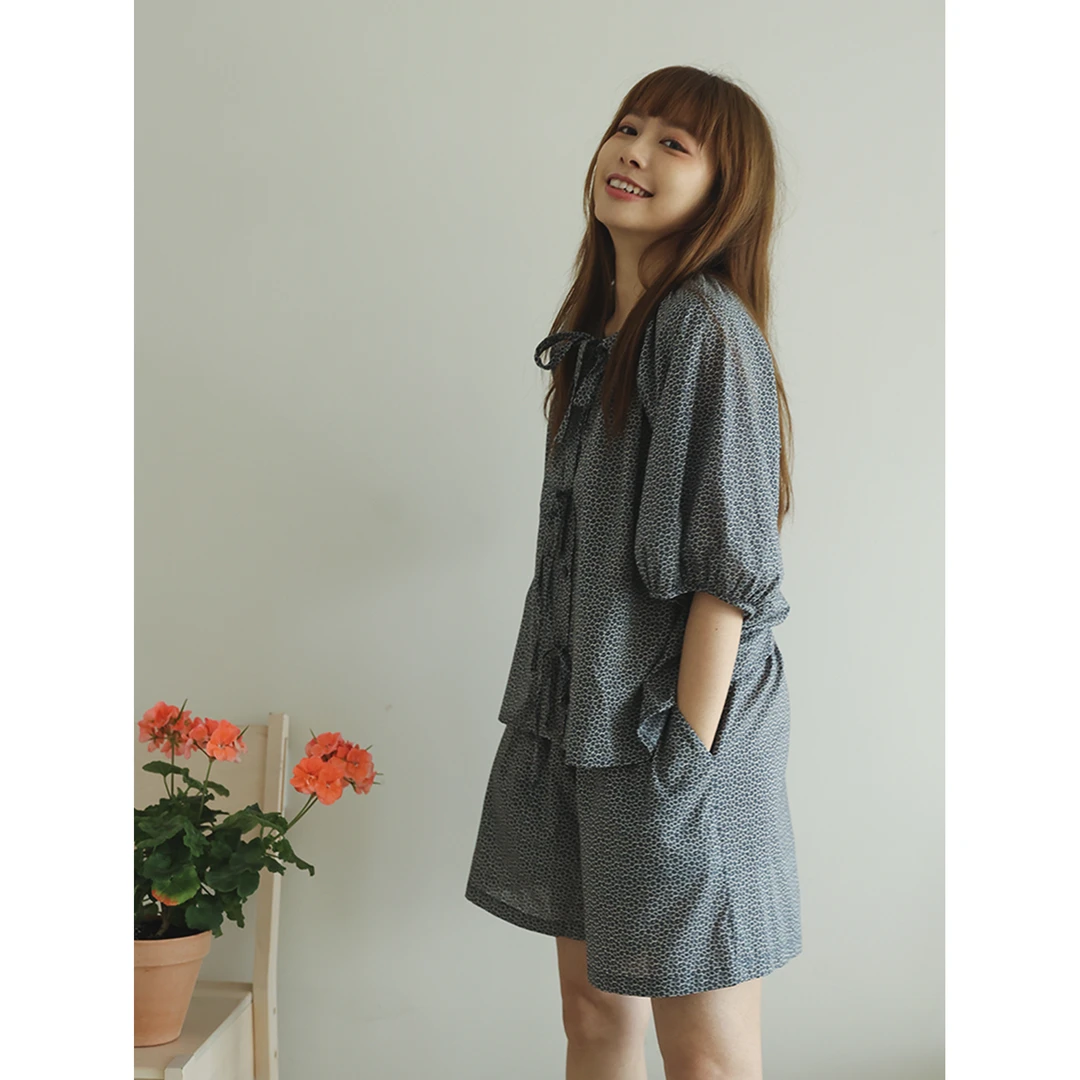 林间碎花 60支高支棉原创复古五分袖短裤睡衣套装家居服可外穿夏