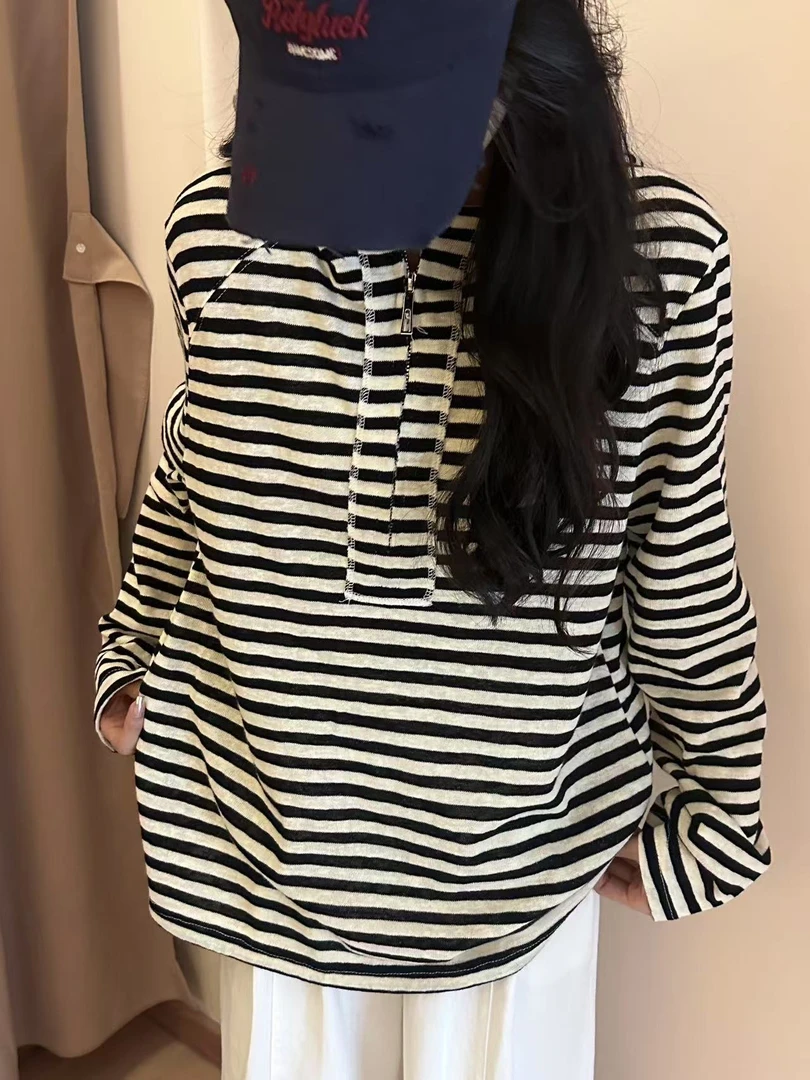 连帽条纹半拉链上衣#7001