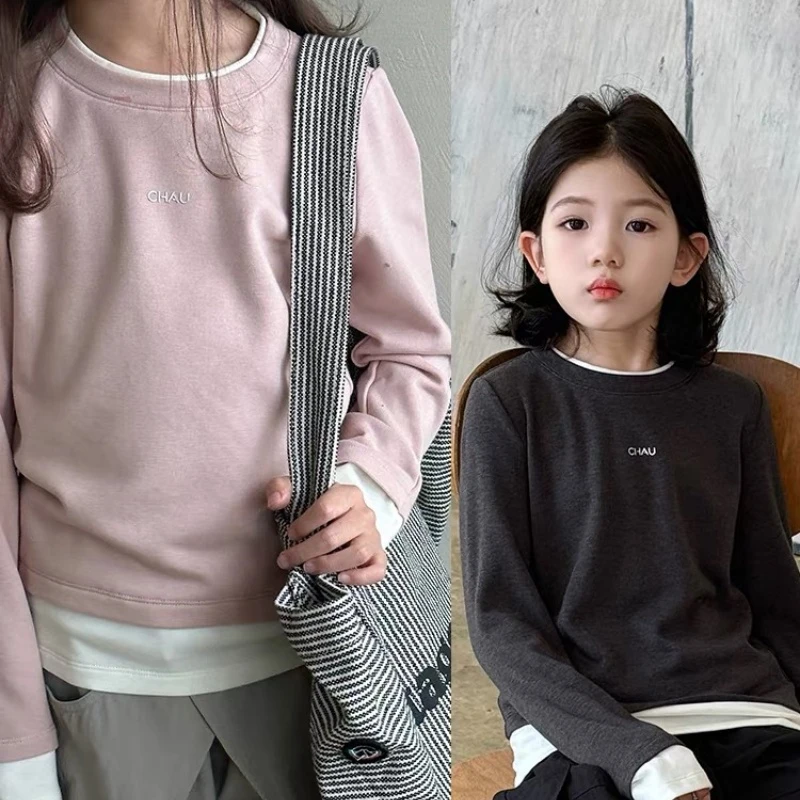 2025春装新款女童高弹修身假两件T恤中大儿童百搭打底上衣学院风