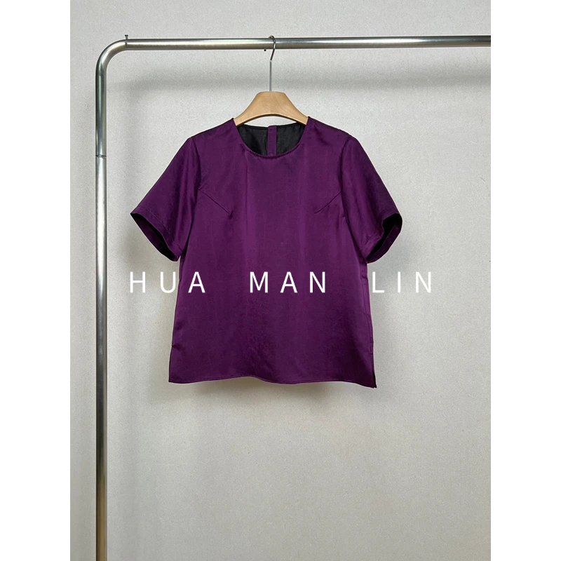 【花满林】圆领后扣35MM缎面龟裂纹香云纱桑蚕丝短袖上衣259425