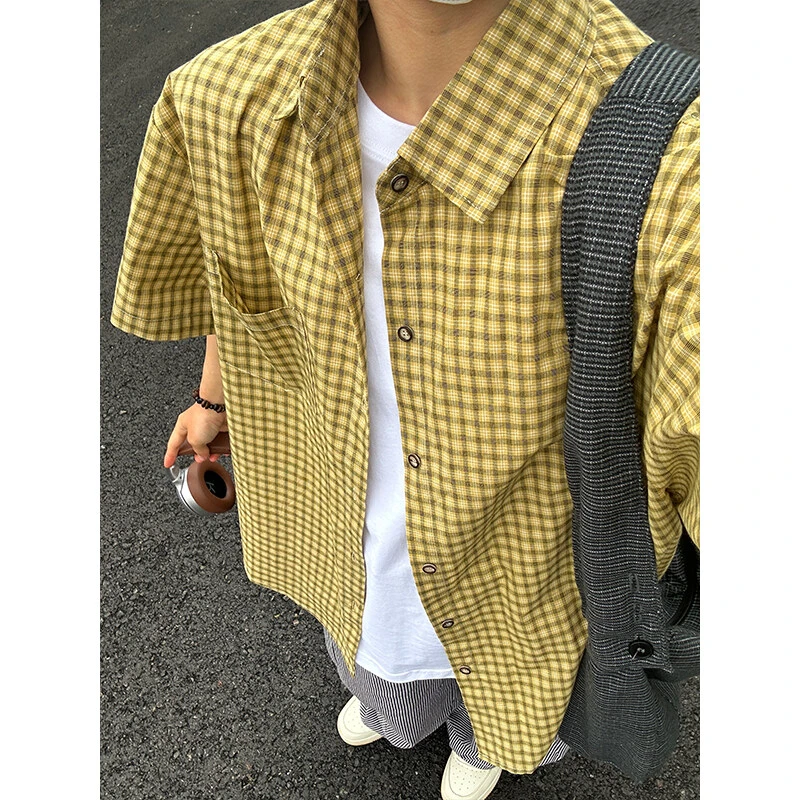 cleanfit黄色格子长袖衬衫男士夏季复古潮牌衬衣宽松休闲高级外套