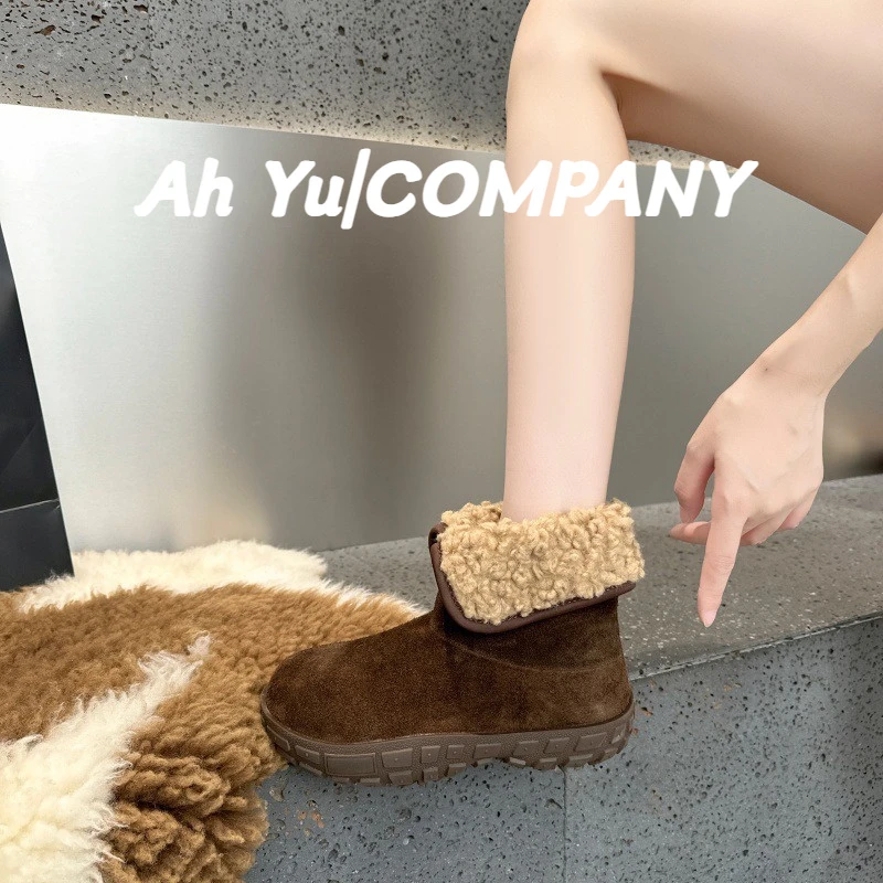 2025小熊日记新款雪地靴冬季翻折两穿加绒棉鞋百搭保暖皮带扣磨砂