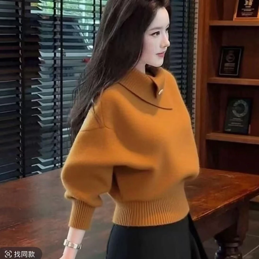 0151-秋冬法式橘色慵懒风软糯加厚高领打底针织衫保暖衣女新年