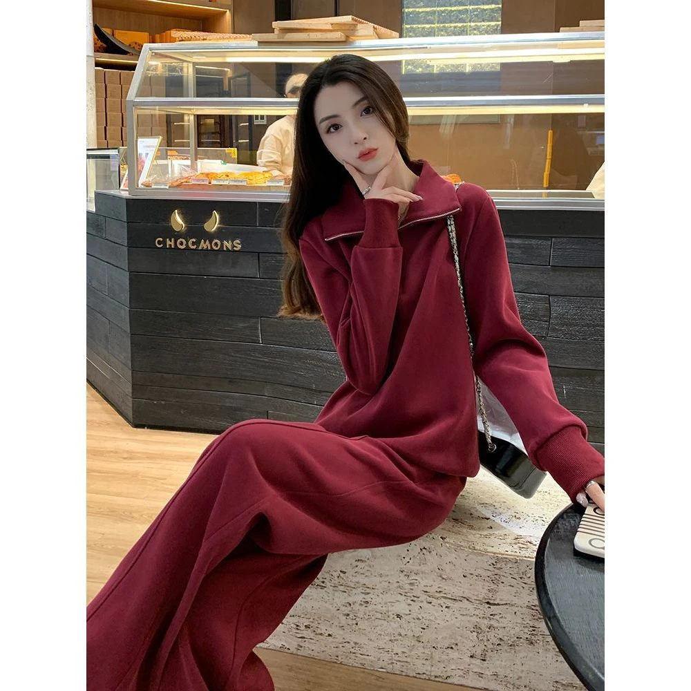 红色高领休闲运动套装女秋冬季简约高级感加绒宽松卫衣卫裤两件套