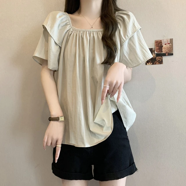 大码女装胖mm方领短袖衬衫夏季清新文艺宽松显瘦遮肚雪纺薄款上衣
