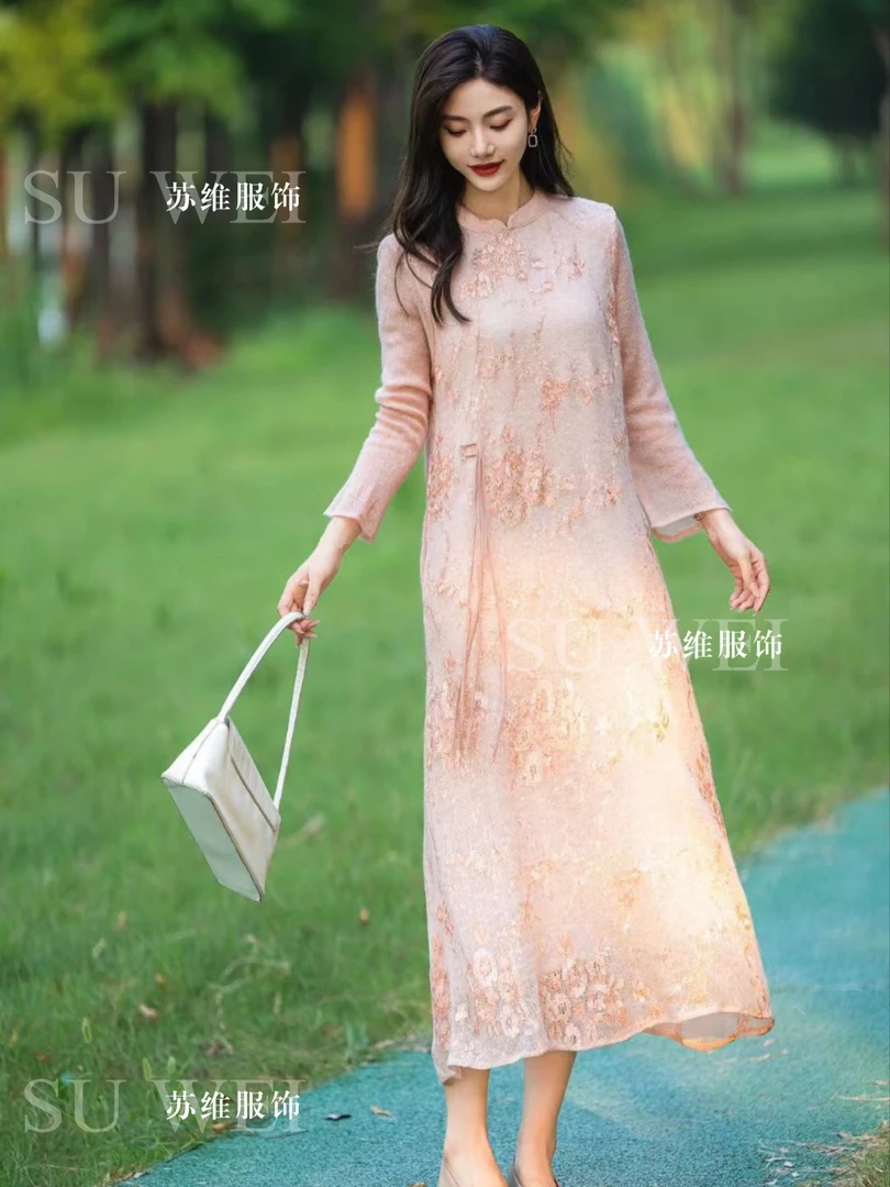 8102长袖镂空时尚长裙宽松针织薄款旗袍气质夏季女