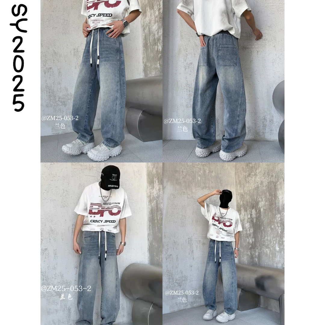 SY2025夏季弯刀牛仔百搭宽松时尚立体剪裁直筒男潮流水洗系带053