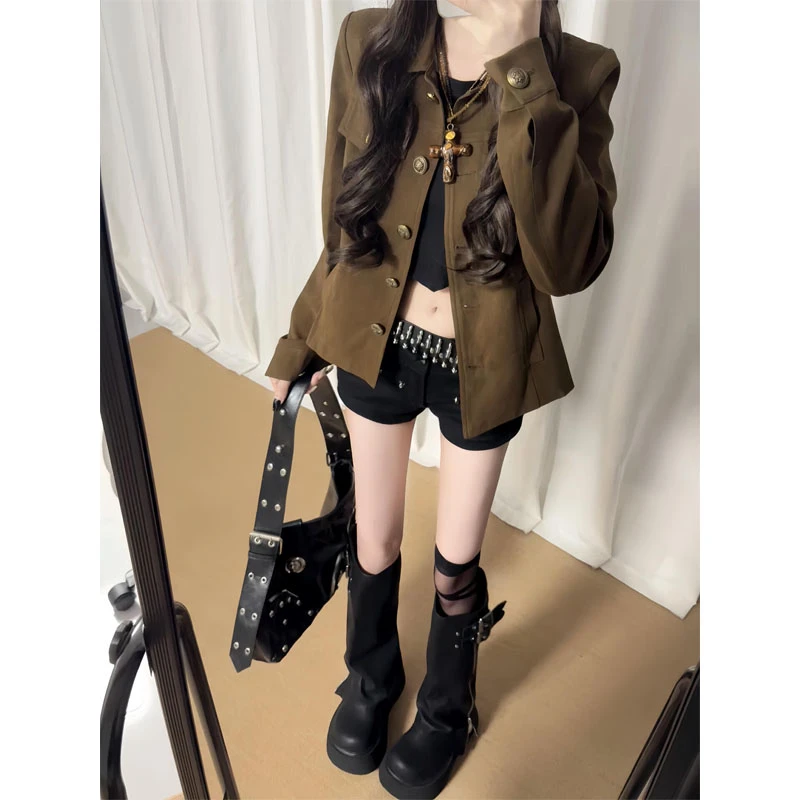 设计摩登翻领蜡感工艺外套百搭工装风夹克外套辣妹短裤热裤靴裤女