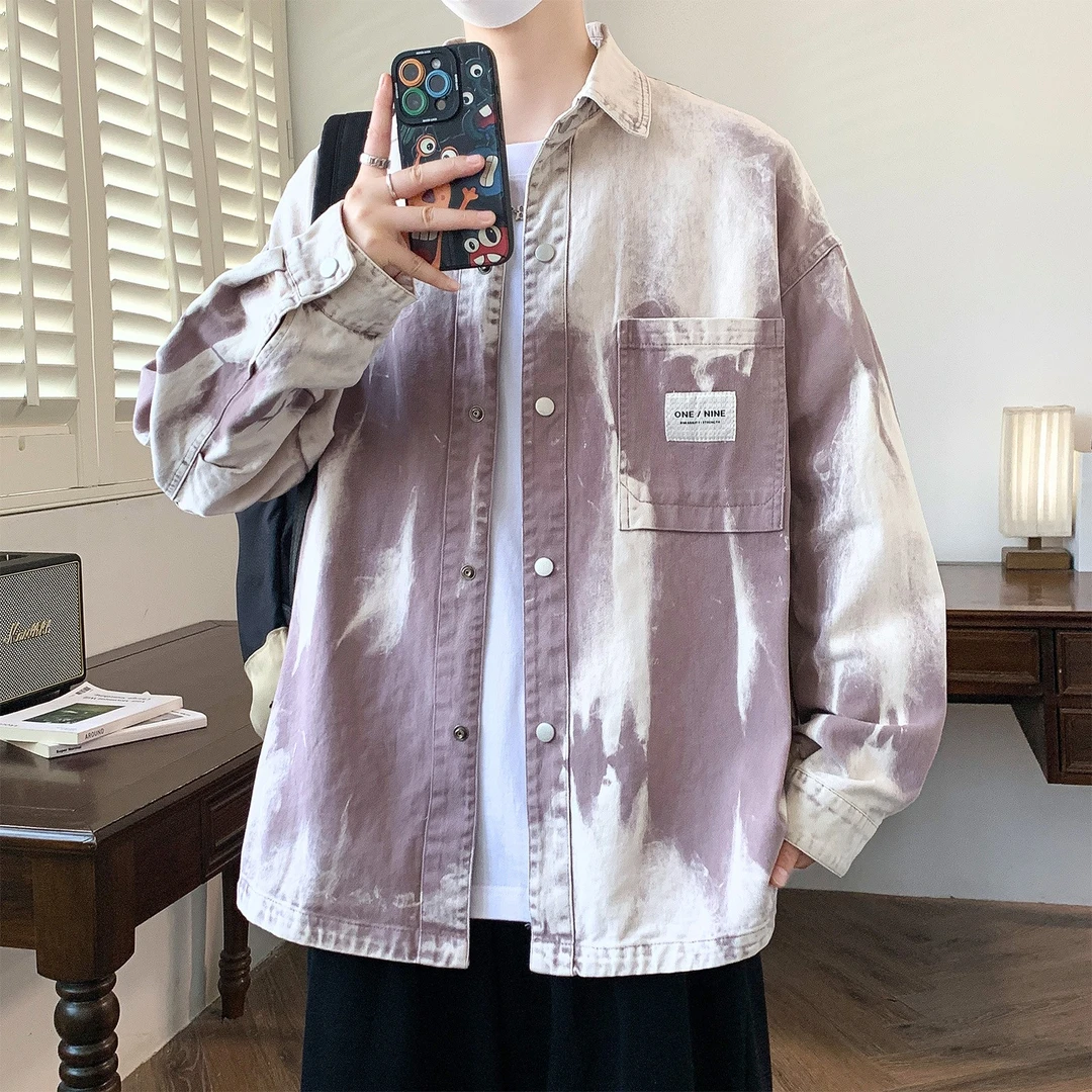 春秋季潮流纯棉青少年长袖衬衣扎染百搭休闲流光风学生衬衫上衣服