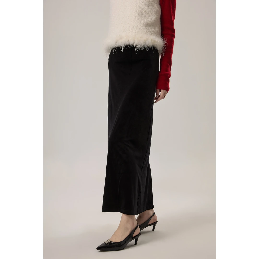 UKILAU【丝绒裙升级版】黑色丝绒后开叉直筒高腰显瘦半身裙