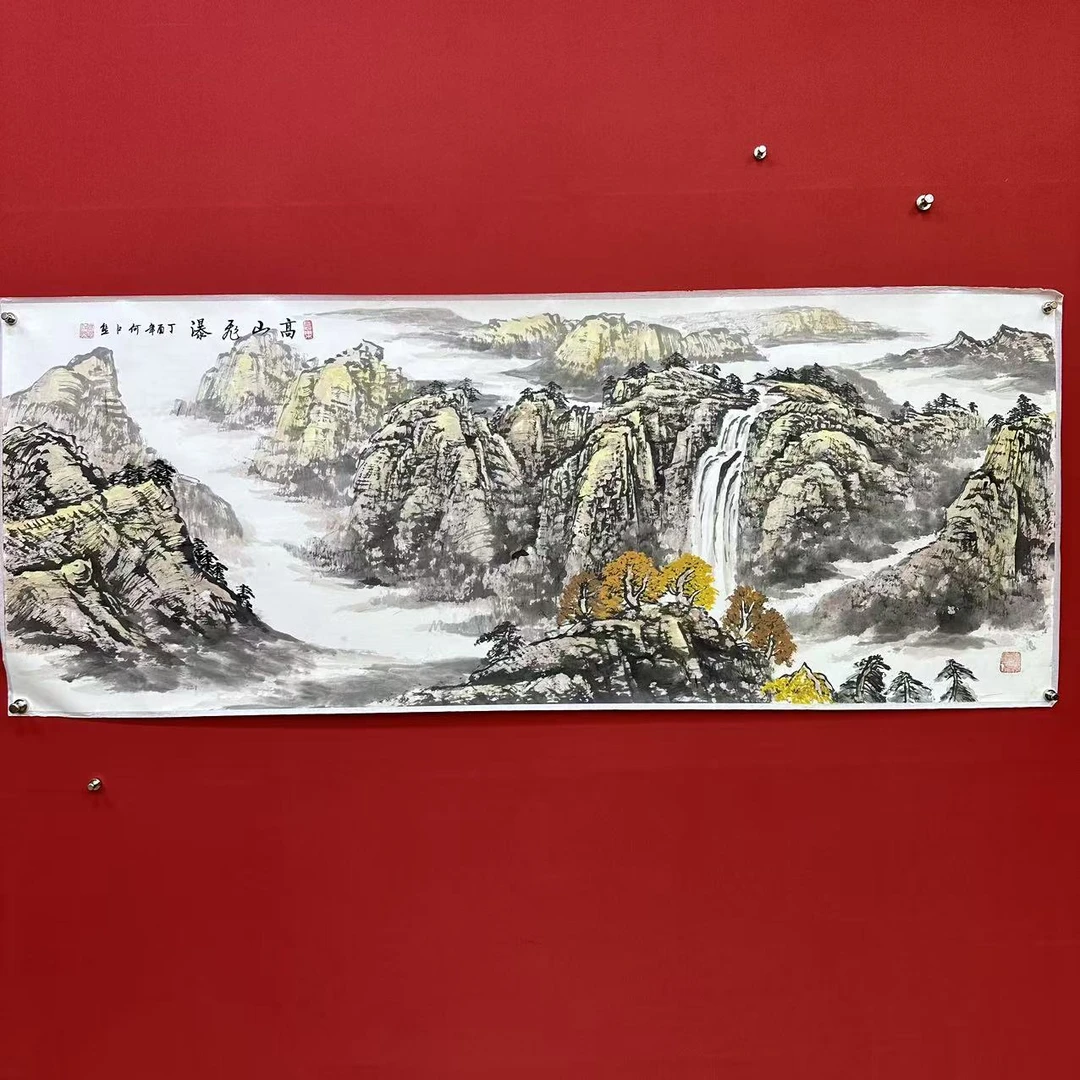 《高山飞瀑》六尺 何江熊手绘 山水国画