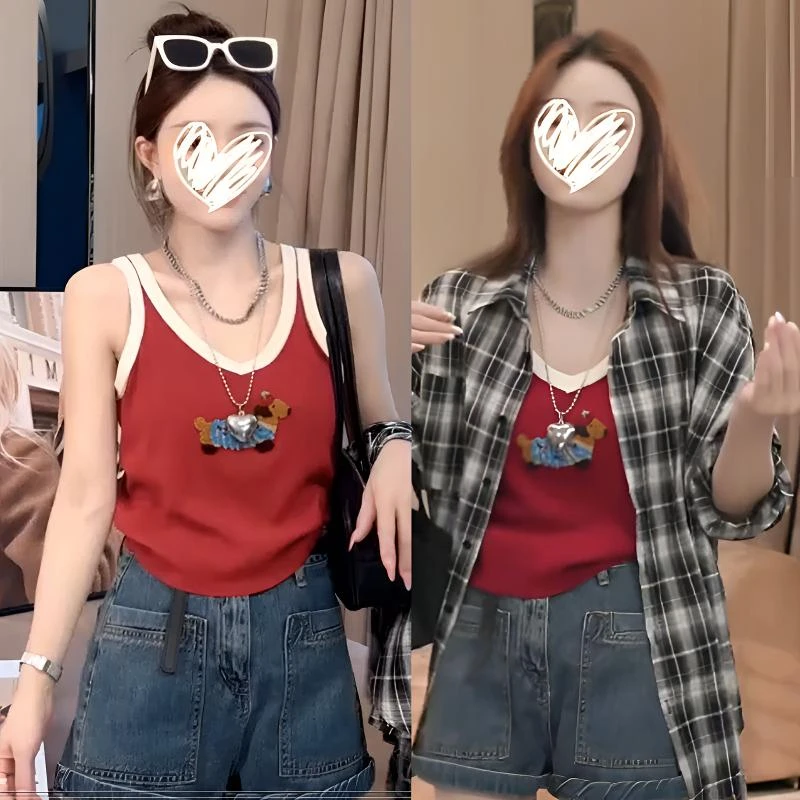 日常百搭吊带撞色腊肠狗印花吊带背心女2025夏新款可外穿内搭上衣