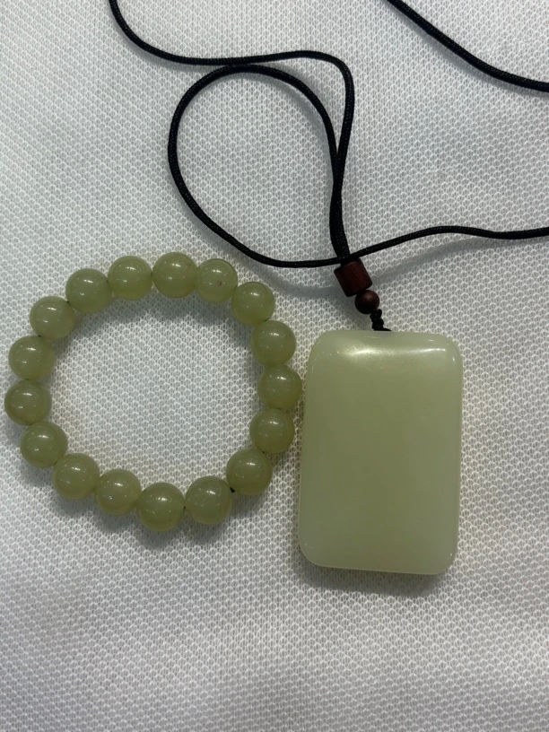 和田玉鸭蛋青吊坠手串两件套